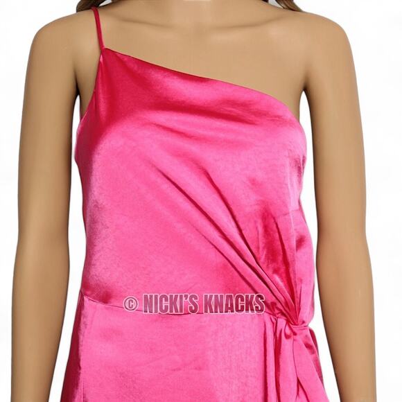 Anthropologie OPT One Shoulder Satin Asymmetric Knot Midi Dress Pink Size M - Picture 4 of 11